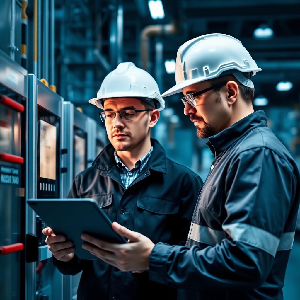 Engenheiros analisando equipamento industrial